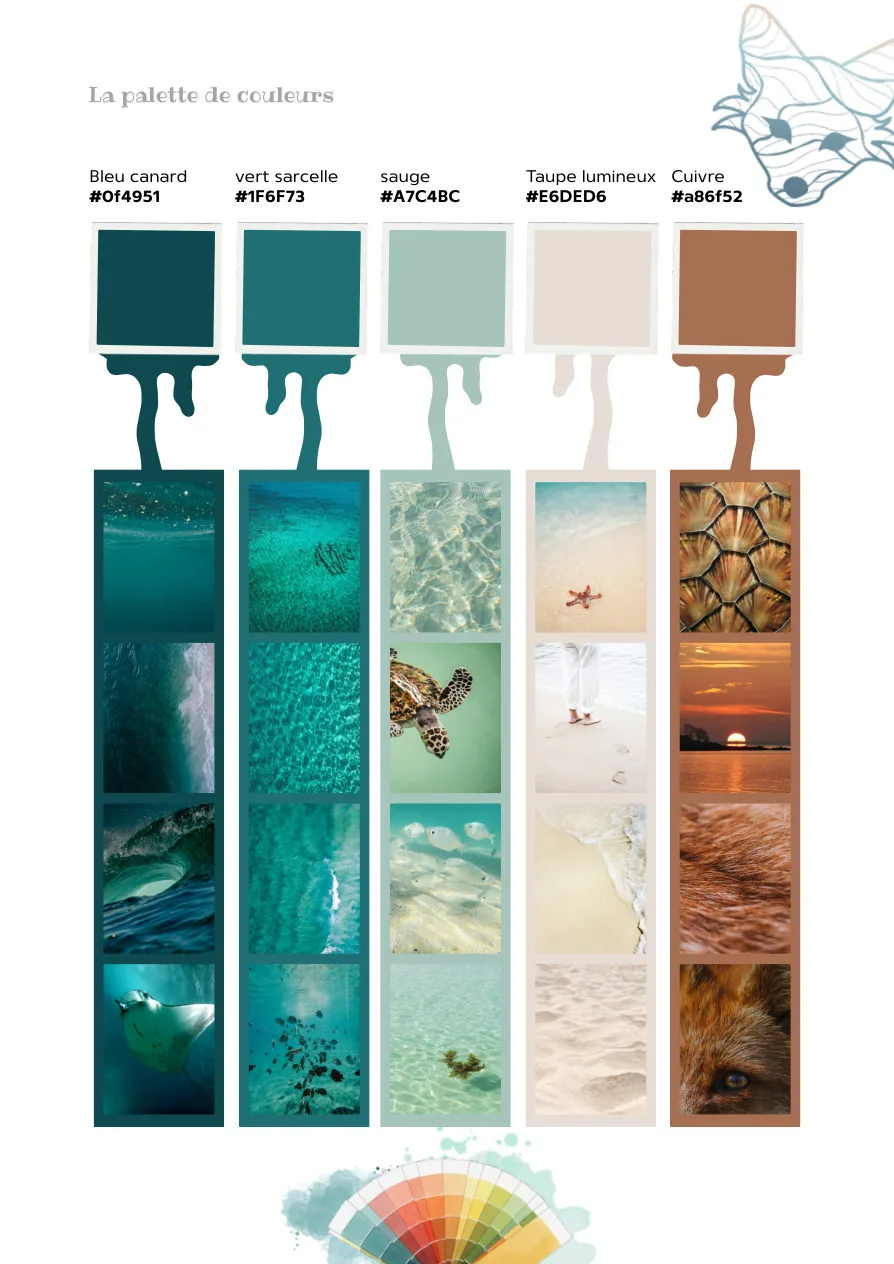 Palette de couleurs Le Renard'eau inspirée de l'eau, du sable et du cuivre